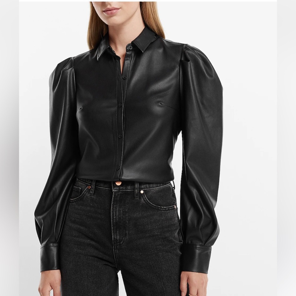 Brand New Express Faux Leather Puff Sleeve Button Up Shirt